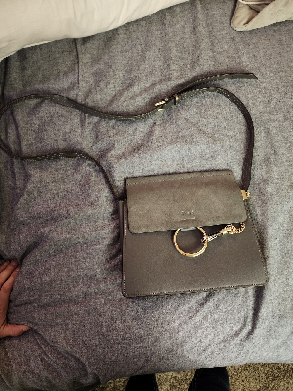Chloé Gray Faye Crossbody Bag Suede Leather Gold Ring Designer Purse